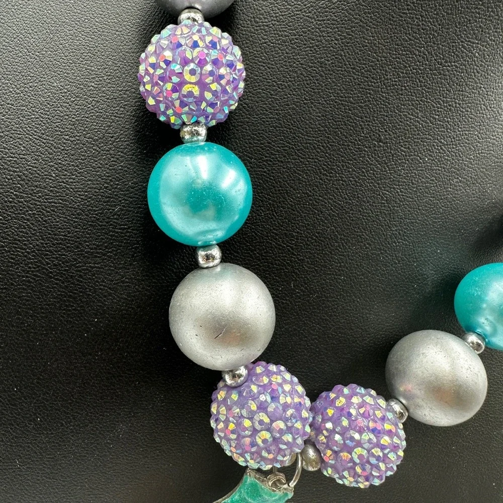 Vintage Chunky Bubblegum Bead Mermaid Tail Necklace Aqua Purple Kid Jewelry Gift